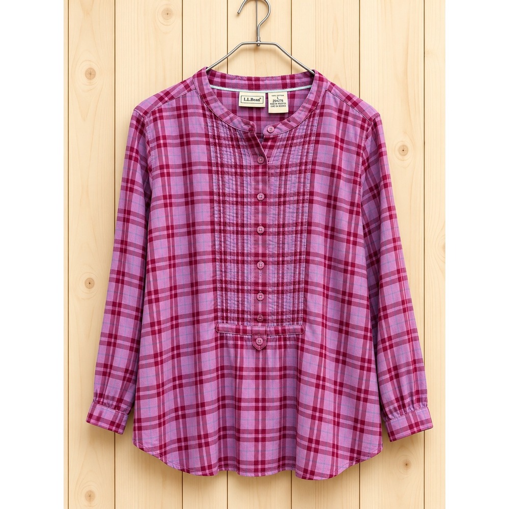 LL Bean Womens Purple Plaid Pintuck Pleated Cotton Henley Blouse Large